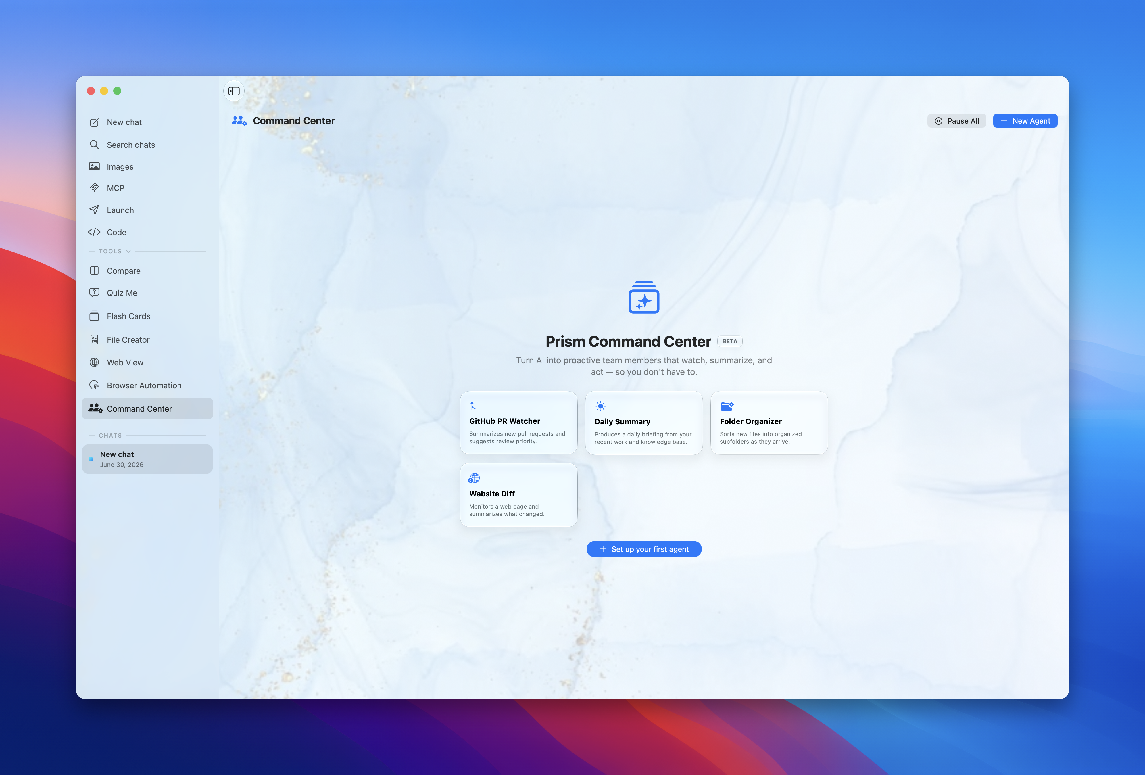 Prism Command Center onboarding and triggers panel