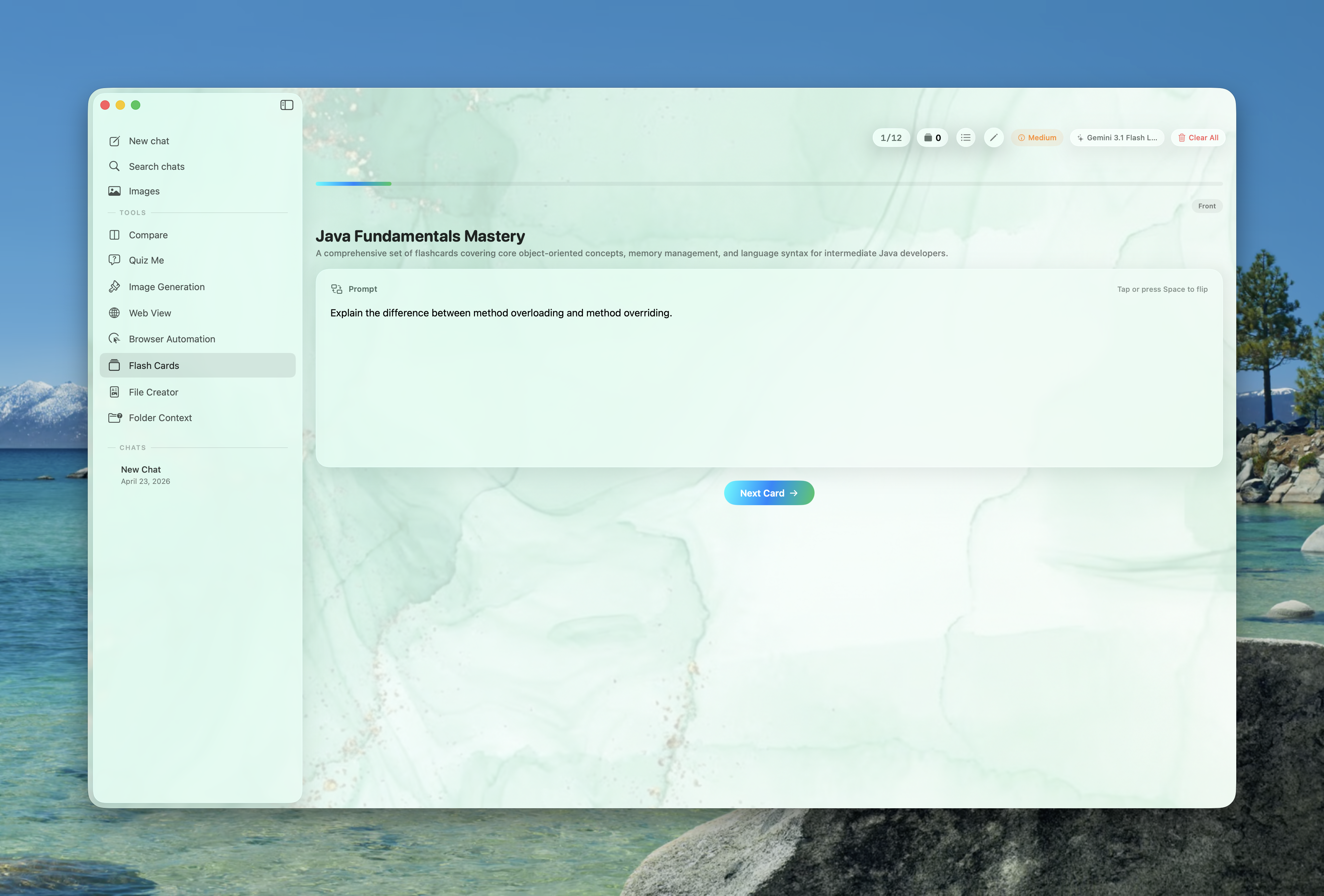 Prism flashcards study mode in progress