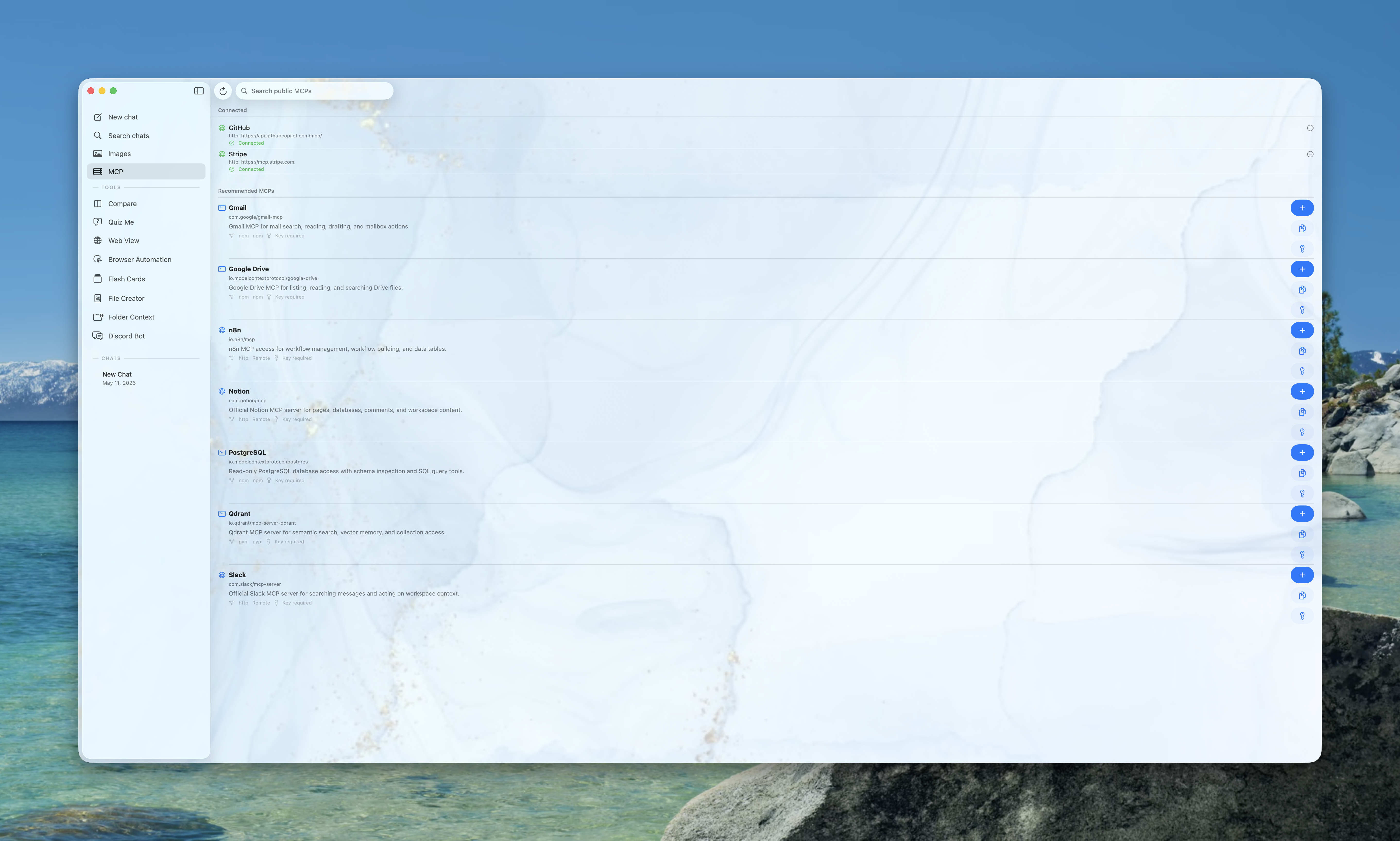 Prism MCP registry window listing connected servers
