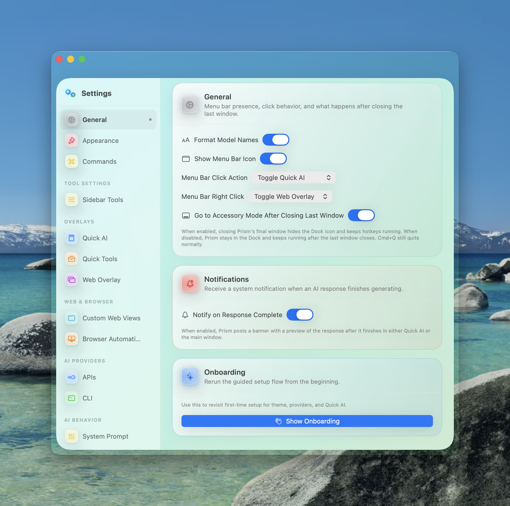 Prism settings showing model and provider configuration